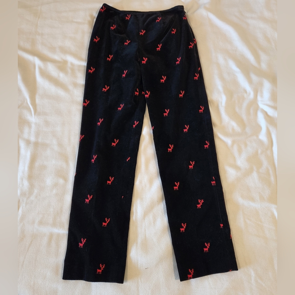 J. McLaughlin Black Velvet Pants with Red Reindeer